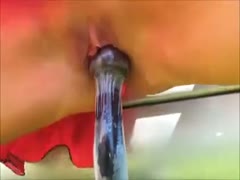 My evil girlfriend masturbates her pussy outside with a hitch.